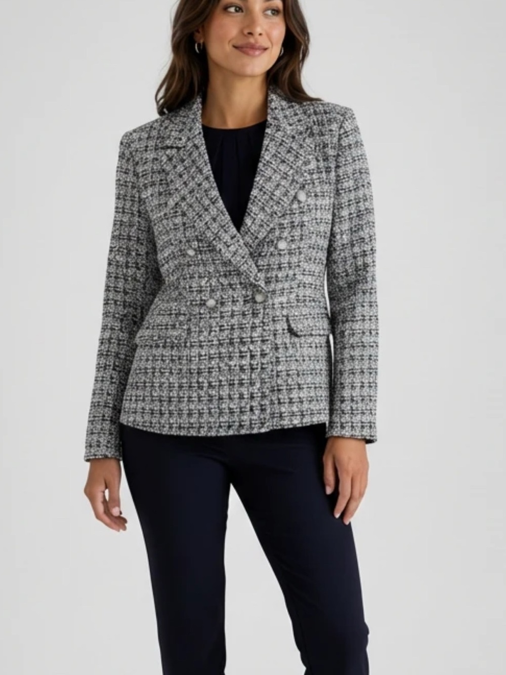 Rachel Zoe Gray and Black Tweed Double-Breasted Blazer
